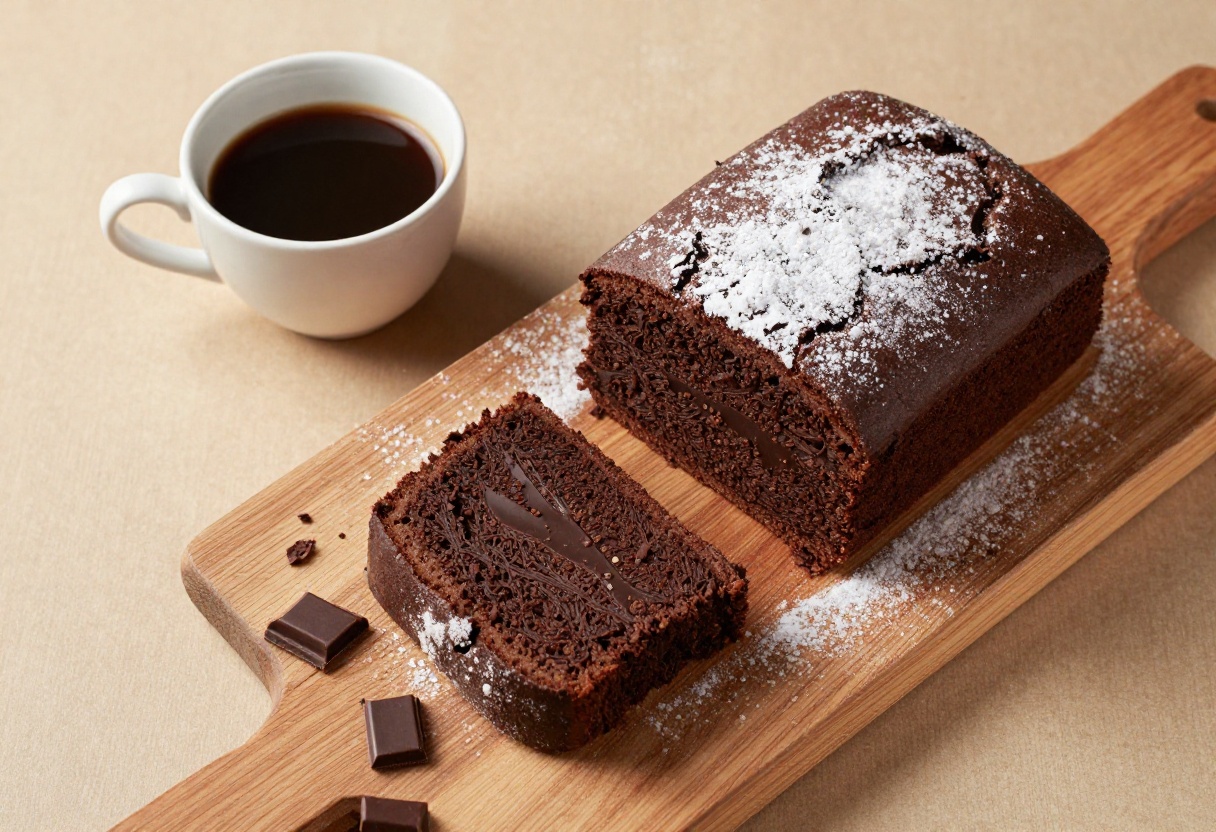 Slice of flourless chocolate cake on a wooden board with coffee and chocolate shavings