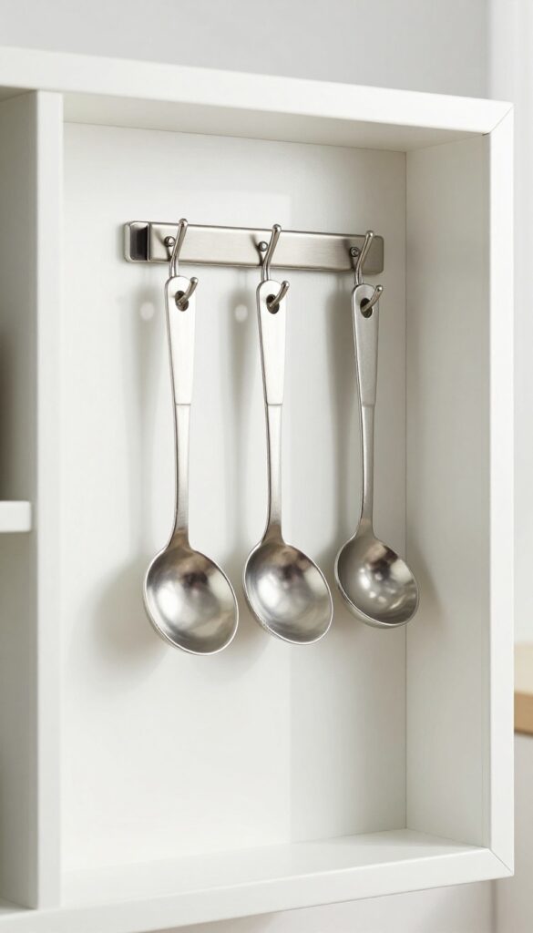 Open pantry door with OXO magnetic measuring spoons hanging on a hook, organized and accessible.