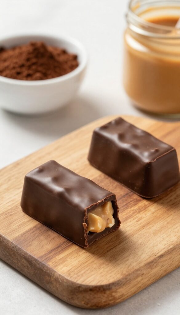 Two keto chocolate peanut butter cups on a wooden board with cocoa powder and peanut butter nearby.
