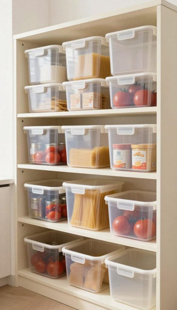 Clear plastic bins organizing canned tomatoes, pasta boxes, and baking supplies on pantry shelves.