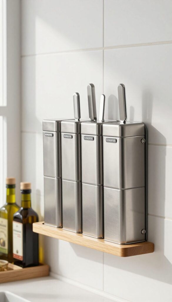 KUNGSFORS magnetic knife rack used as wall-mounted spice holder with metal tins in a bright, modern kitchen