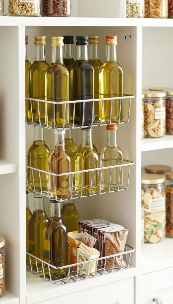 Over-the-door wire rack on a pantry door holding tall condiment bottles and a small basket for packets, with bright natural light.