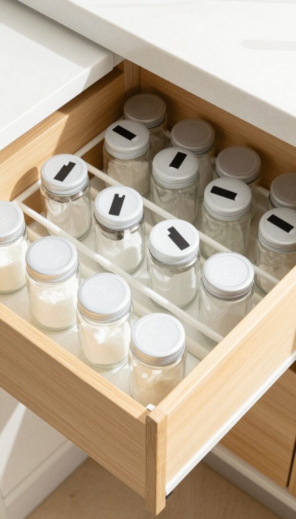 Tiered spice racks in a deep pantry drawer, showing organized spice jars with labels visible.