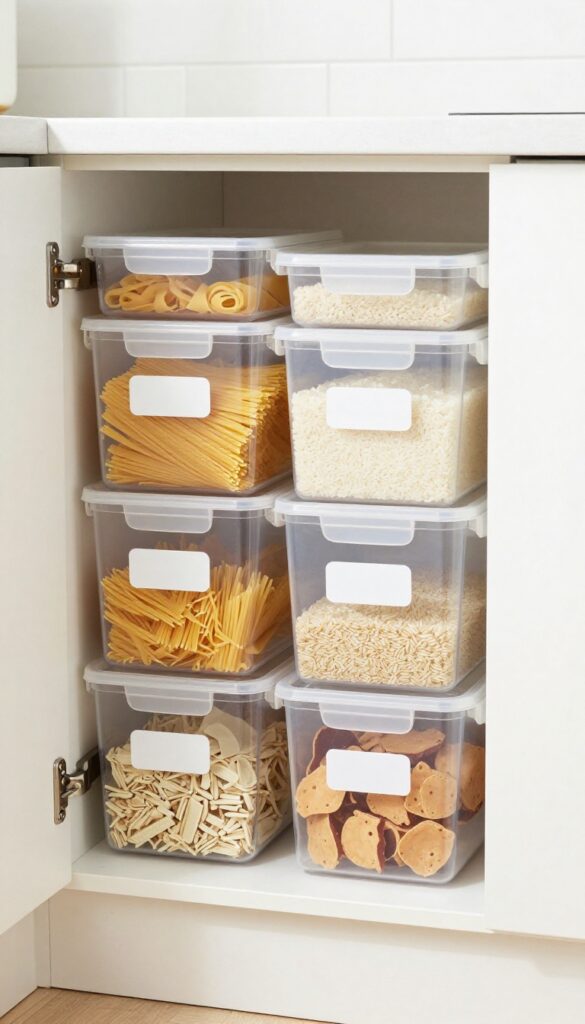 Clear bins with labels organizing deep kitchen cabinet