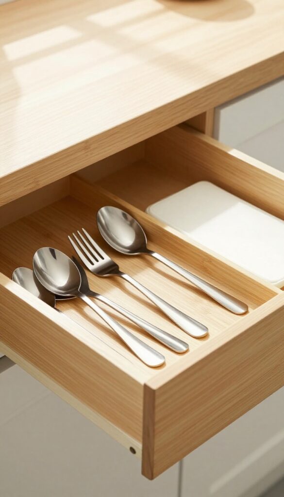 Kitchen drawer with bamboo dividers organizing utensils neatly
