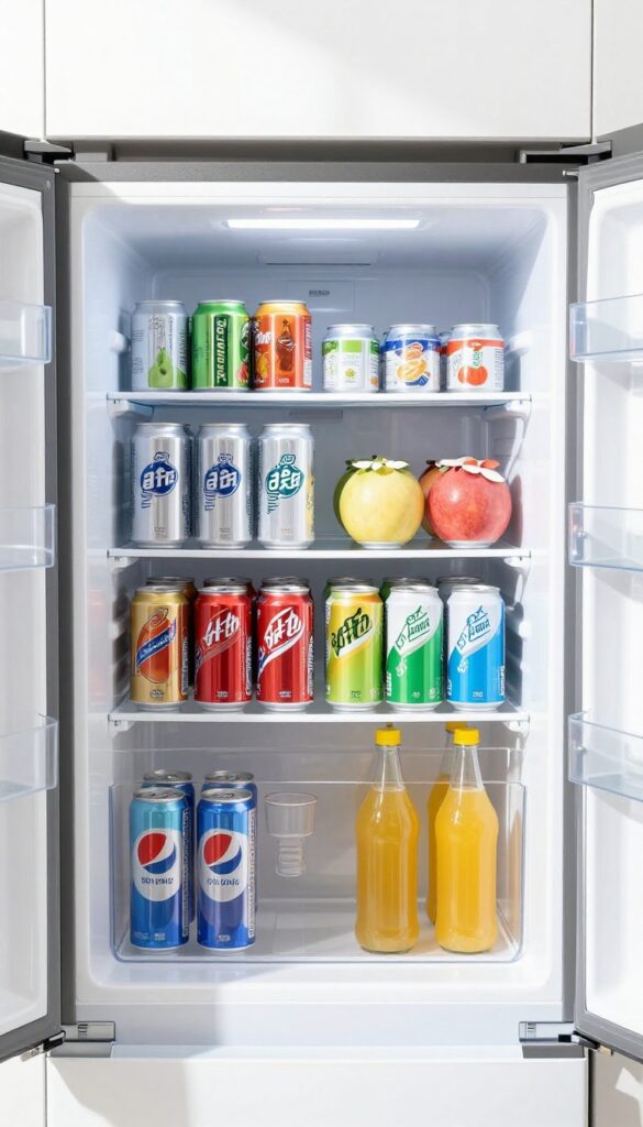 Fridge interior with vertical storage for bottles and cans using clear acrylic tiered shelves, organized and tidy.