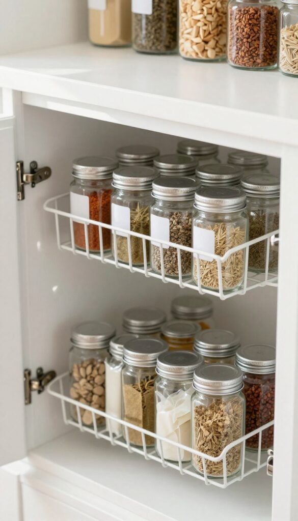 Over-the-door rack on a pantry door holding labeled spice jars and seasoning packets in a bright, organized kitchen pantry.