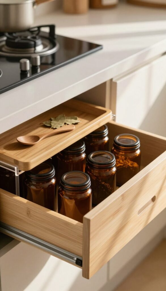 A deep kitchen drawer with bamboo tray and tiered racks holding amber glass spice jars, neatly organized and lit by natural light.