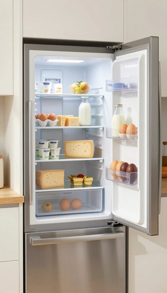 Open French door refrigerator with organized dairy shelf featuring eggs, milk, cheese, and yogurt in clear bins, bright natural light, clean and uncluttered.
