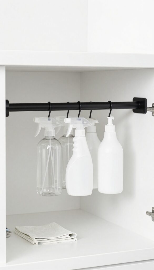 Organized under sink cabinet with tension rod holding spray bottles upright