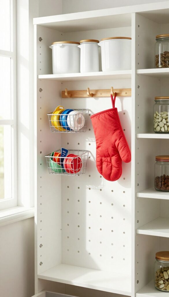Bright pantry with white pegboard on door holding colorful measuring cups and red oven mitt, organized shelves with glass jars.