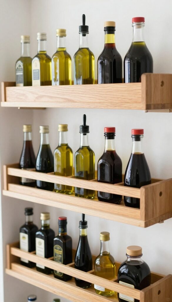 A pantry shelf with a lazy Susan holding glass bottles of oils and vinegars, neatly organized and bathed in natural light.