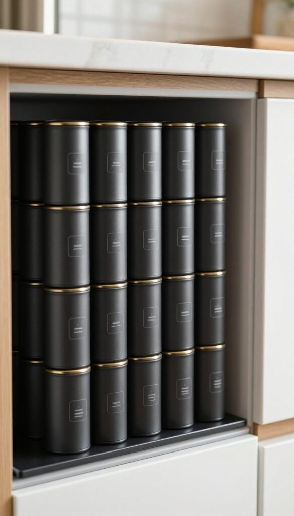 Magnetic spice tins on the side of a refrigerator in a bright, modern kitchen