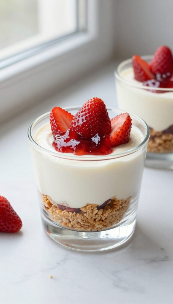 No-bake cheesecake shortcake cup with nut crust, creamy filling, and fresh strawberries