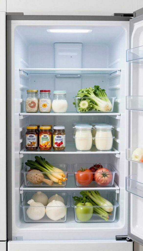 Refrigerator organized with clear bins for each food group, showing dairy, vegetables, condiments, and leftovers in uniform see-through containers.