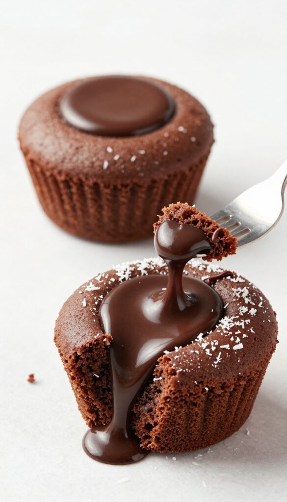 Two coconut flour keto chocolate lava cakes with molten centers on white plates, fork beside, bright natural light.
