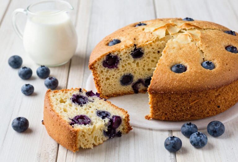 Gluten free blueberry muffin cake on a wooden table with a slice removed, fresh blueberries and milk nearby.