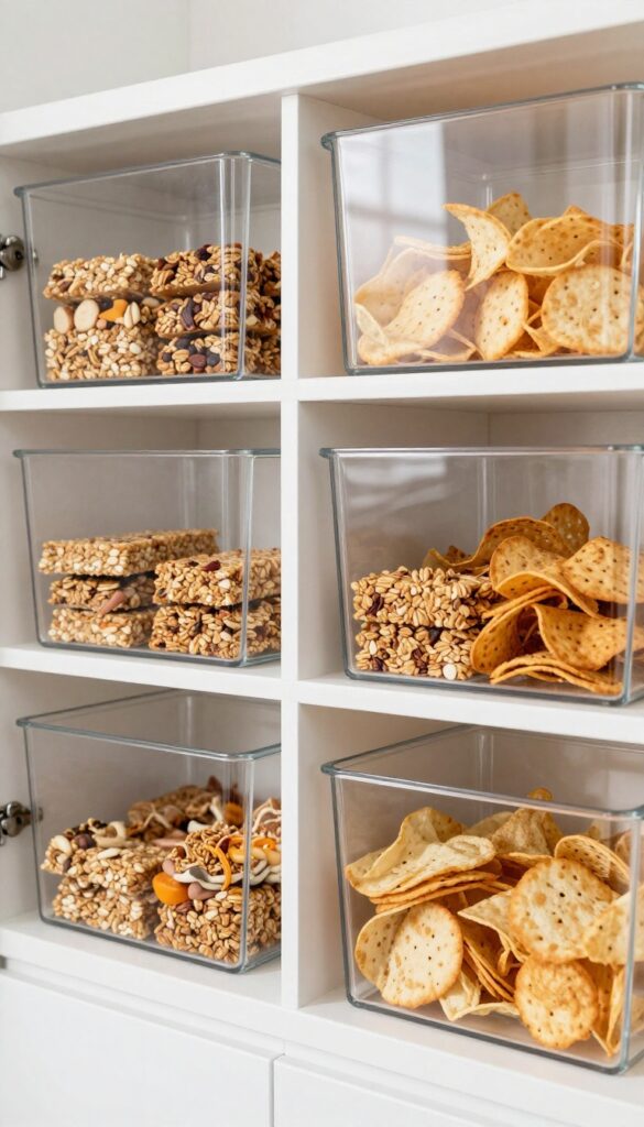 Clear acrylic bins filled with snacks on a pantry shelf