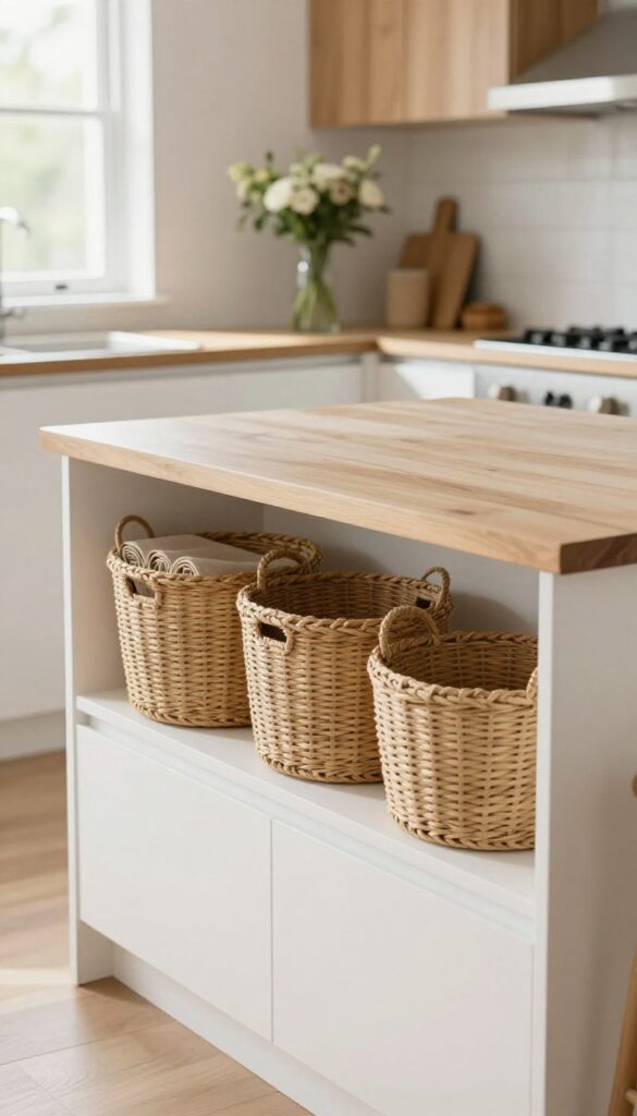 Woven baskets tucked under kitchen island overhang for hidden storage