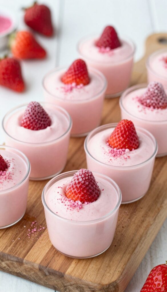Keto strawberry cheesecake fat bomb cups on a wooden board with fresh strawberry pieces and pink powder