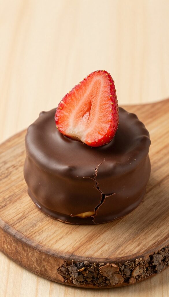 Chocolate-dipped keto strawberry cheesecake cup with glossy shell and strawberry slice