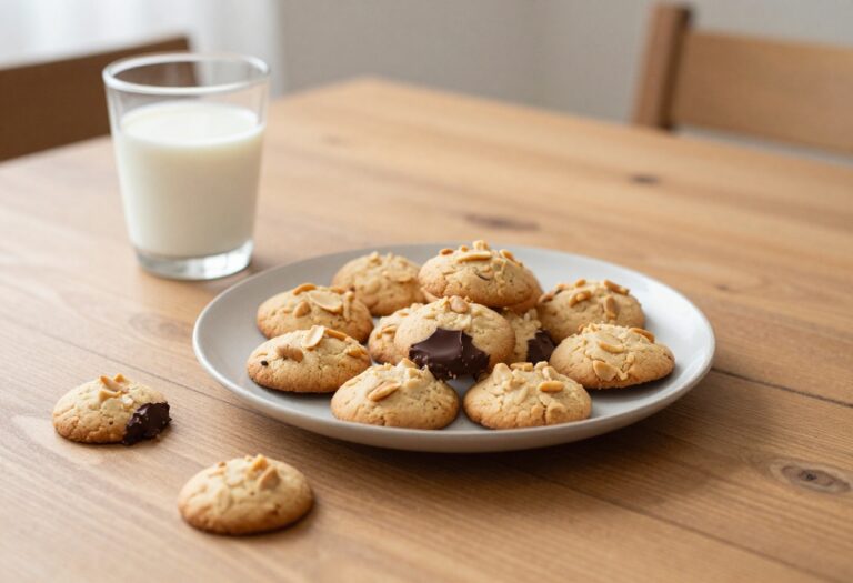 Keto no-bake peanut butter cookies on a plate with chocolate dip and almond milk
