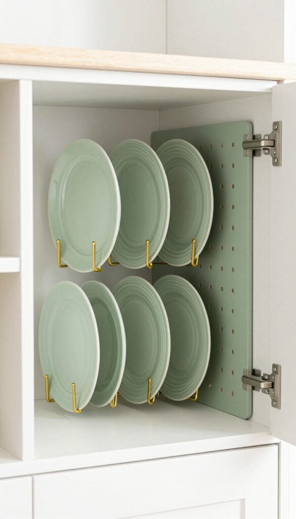 Custom pegboard insert in a shallow kitchen cabinet holding plates vertically, soft sage green with brass pegs, bright natural light