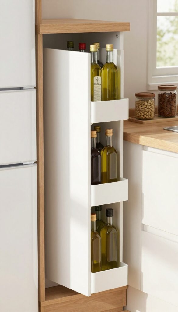Slim pull-out pantry tower in narrow kitchen gap with glass bottles and jars, natural light, clean design