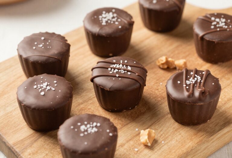 Six keto chocolate peanut butter cups on a wooden board with chocolate drizzle and sea salt.