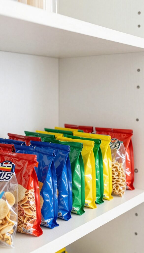 Colorful binder clips closing open food bags on a pantry shelf.