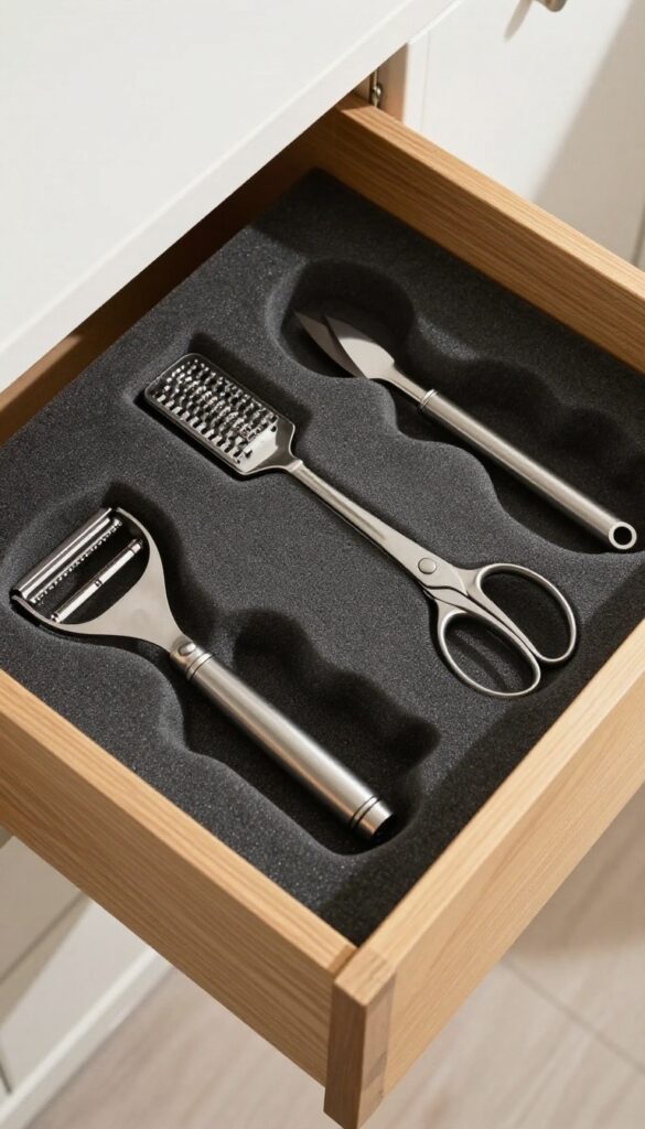 Gadget drawer with custom cutouts in foam, holding silver kitchen tools neatly arranged.