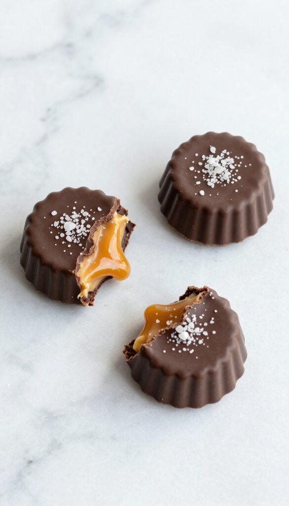 Keto salted caramel peanut butter cups on marble surface
