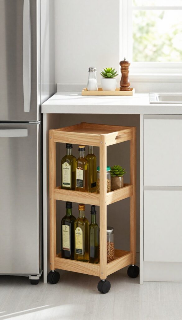 Slim rolling cart tucked into narrow gap between kitchen counter and fridge, holding oils and spices with a plant on top, bright natural light.