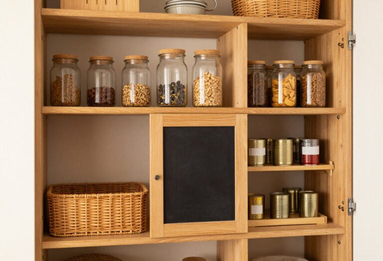 Cozy organized pantry cabinet with clear jars, woven baskets, and tiered risers under warm lighting.