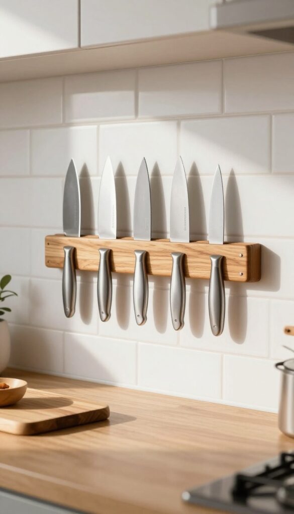 Wooden magnetic knife strip mounted on backsplash holding knives