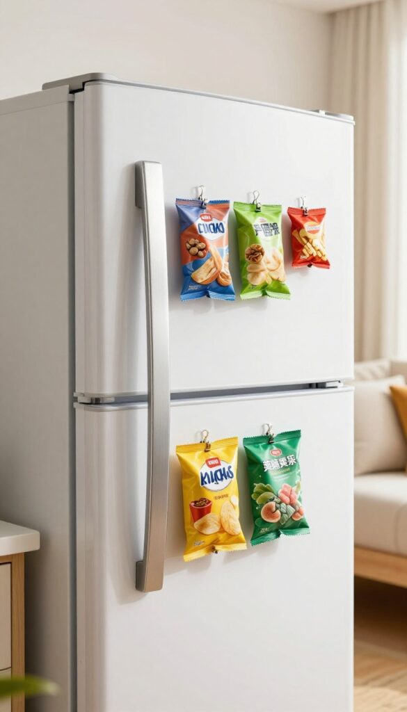 Magnetic clip strip on side of dorm fridge holding sealed snack bags, creating tidy vertical storage
