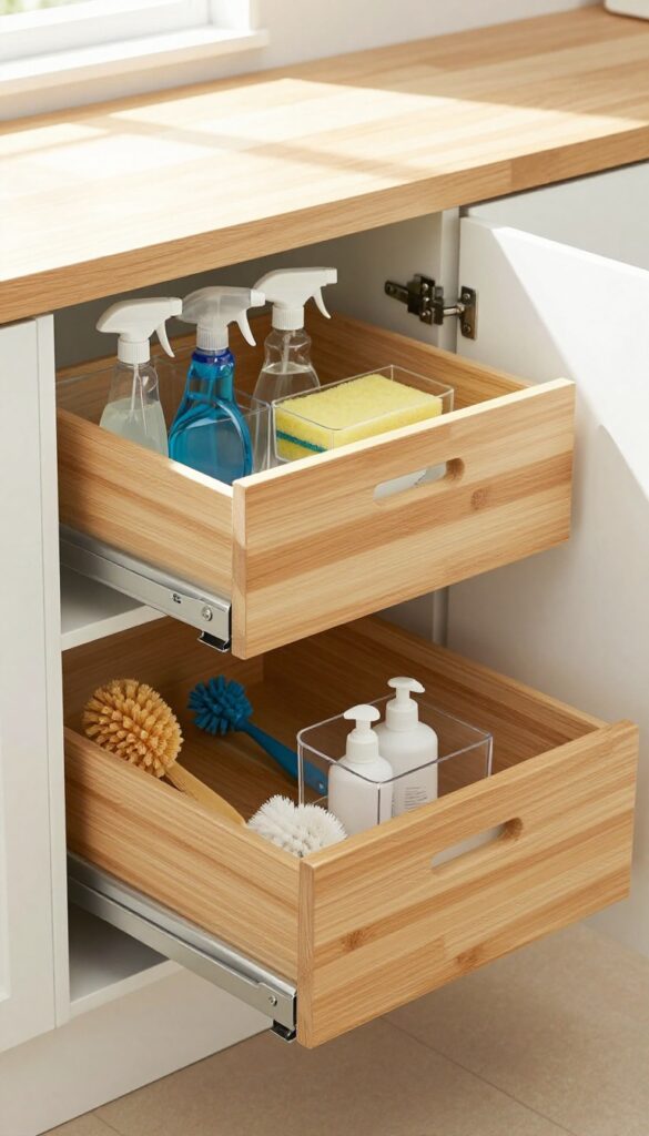 Pull-out drawers in a kitchen under-sink cabinet, neatly organized with cleaning supplies in clear bins.
