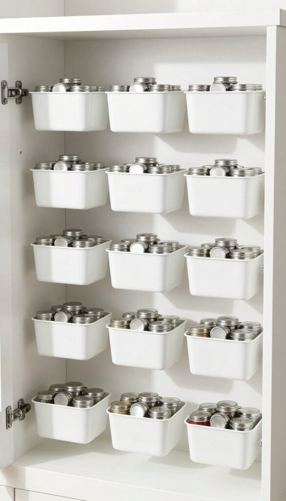 White pantry door with small white magnetic baskets holding metal spice tins, organized neatly, bright natural light.