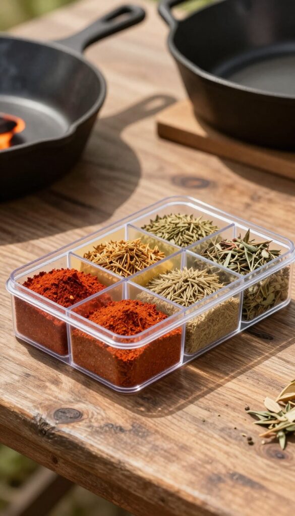 A compact clear plastic spice kit with labeled compartments filled with various spices on a wooden camping table near a campfire.