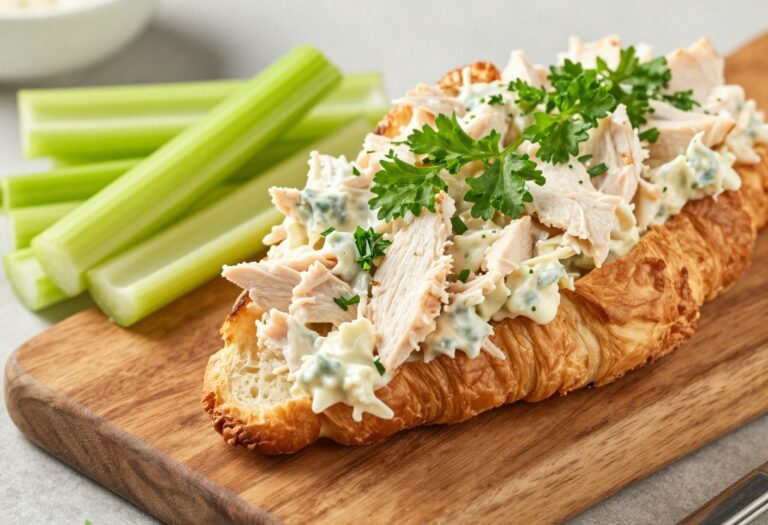 Creamy chicken salad sandwich on a croissant with parsley garnish and celery sticks on a wooden board.
