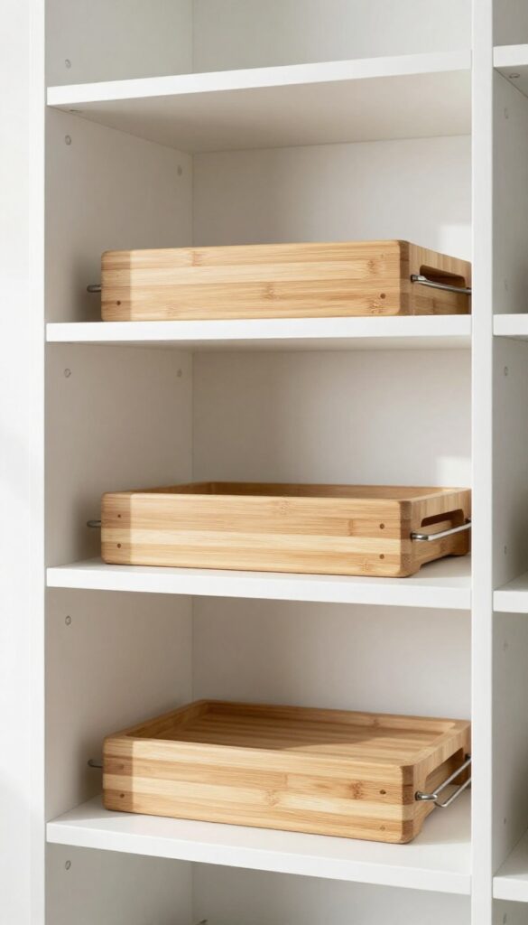 Tension rod organizing cutting boards vertically in a pantry shelf.