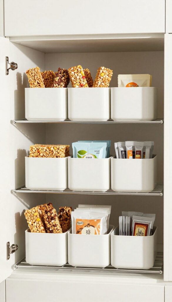 Slim white bins on a wire pantry shelf organizing snacks and tea bags in a clean, modern kitchen.