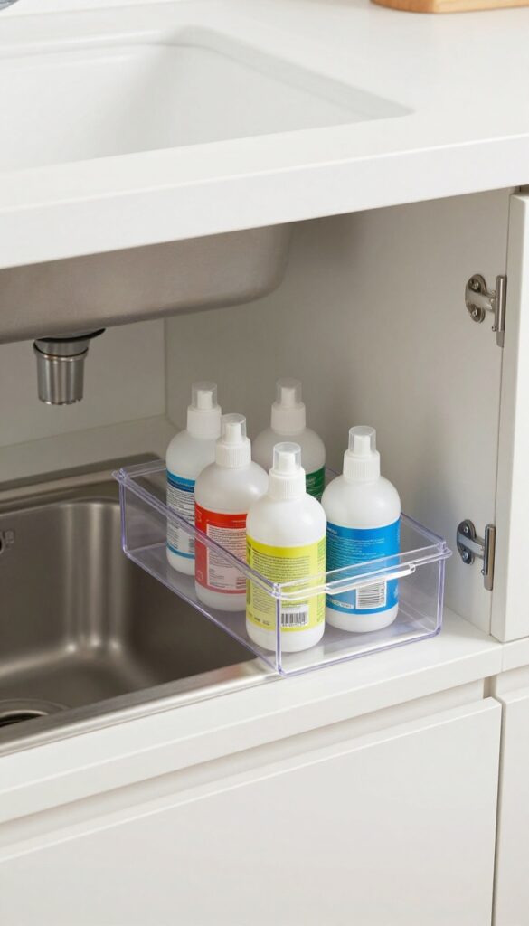 Slim clear caddy holding cleaning bottles under kitchen sink, next to plumbing pipes, organized and accessible.