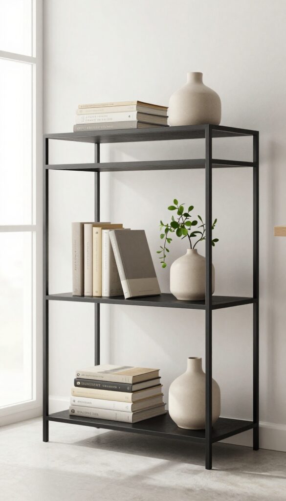 Open grid shelf on kitchen wall with cookbooks and decorative items