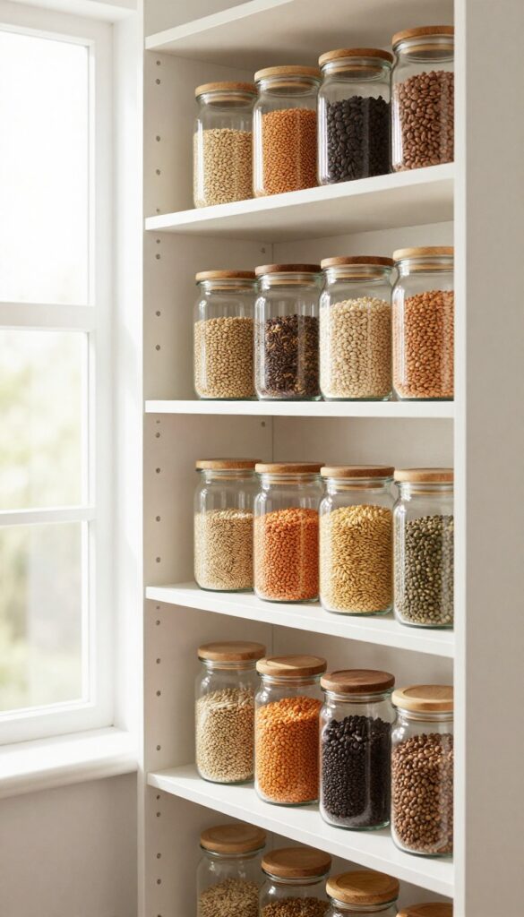 Glass jars with bamboo lids neatly organized on open pantry shelves, filled with pantry staples in natural light.