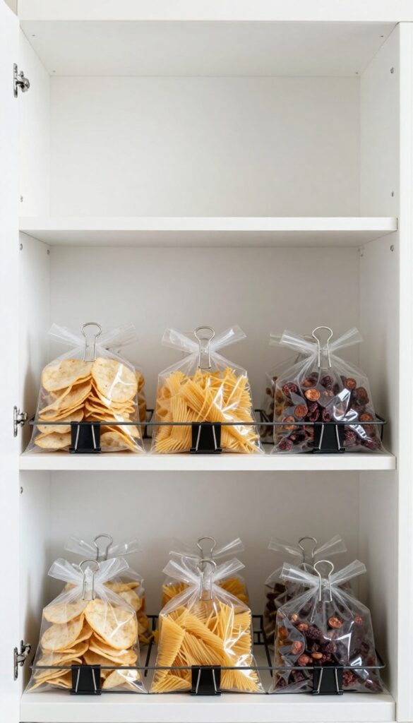 Binder clips sealing open bags of chips, pasta, and dried fruit, clipped to a wire pantry shelf for upright organization.