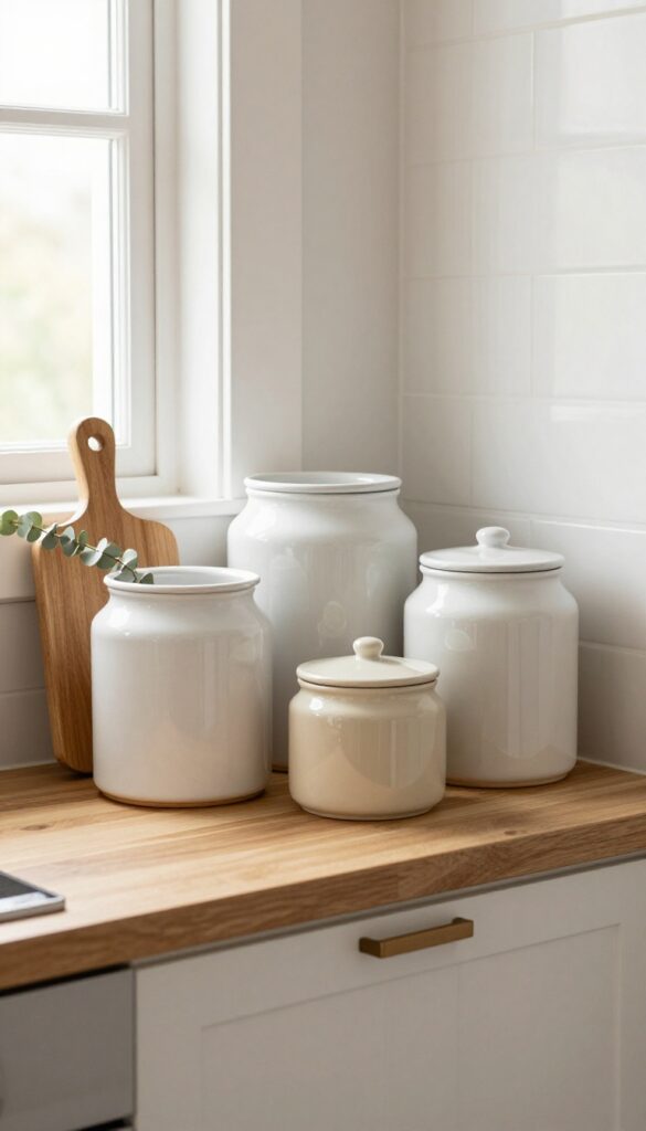 Three ceramic canisters of varying heights and shapes arranged on a kitchen shelf with a wooden cutting board and eucalyptus sprig, odd-numbered grouping, natural light.