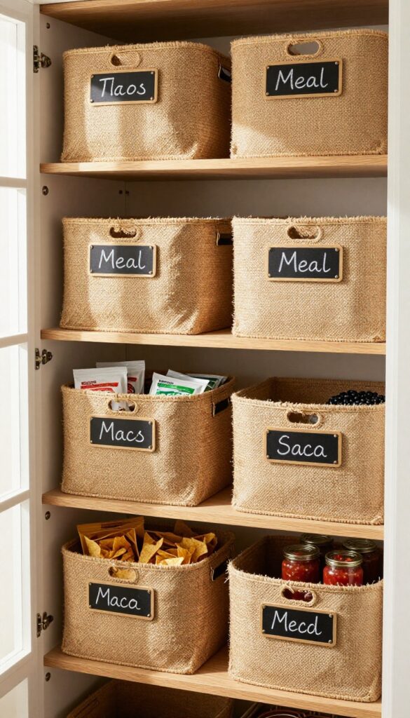 Open pantry shelf with seagrass baskets labeled by meal type, containing taco ingredients, in a bright, organized pantry.
