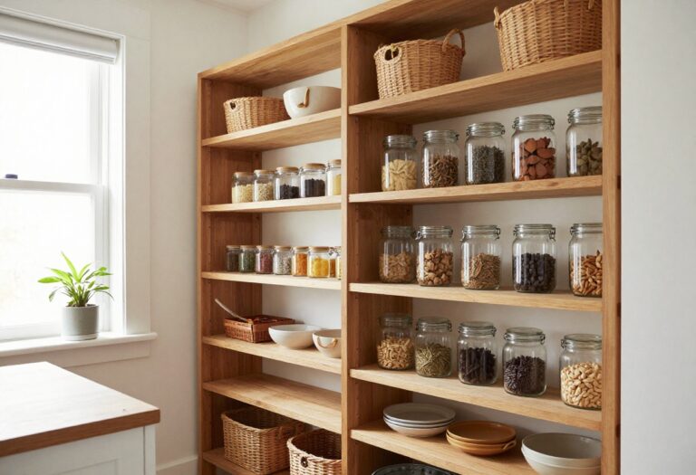 Cozy small pantry with woven baskets and glass jars on wooden shelves