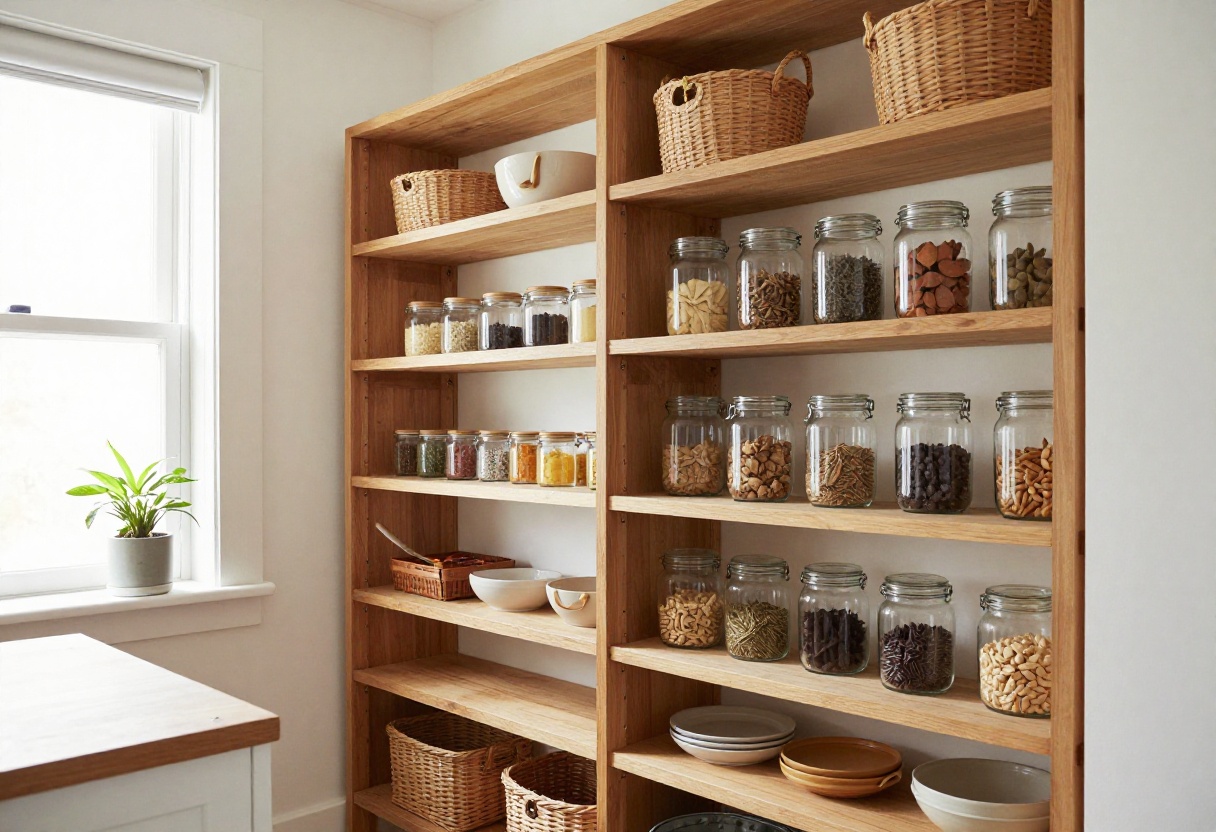 Cozy small pantry with woven baskets and glass jars on wooden shelves